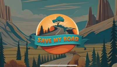 Jeu appli risque routier Save My Road. Paysage montagneux avec route et arbres.