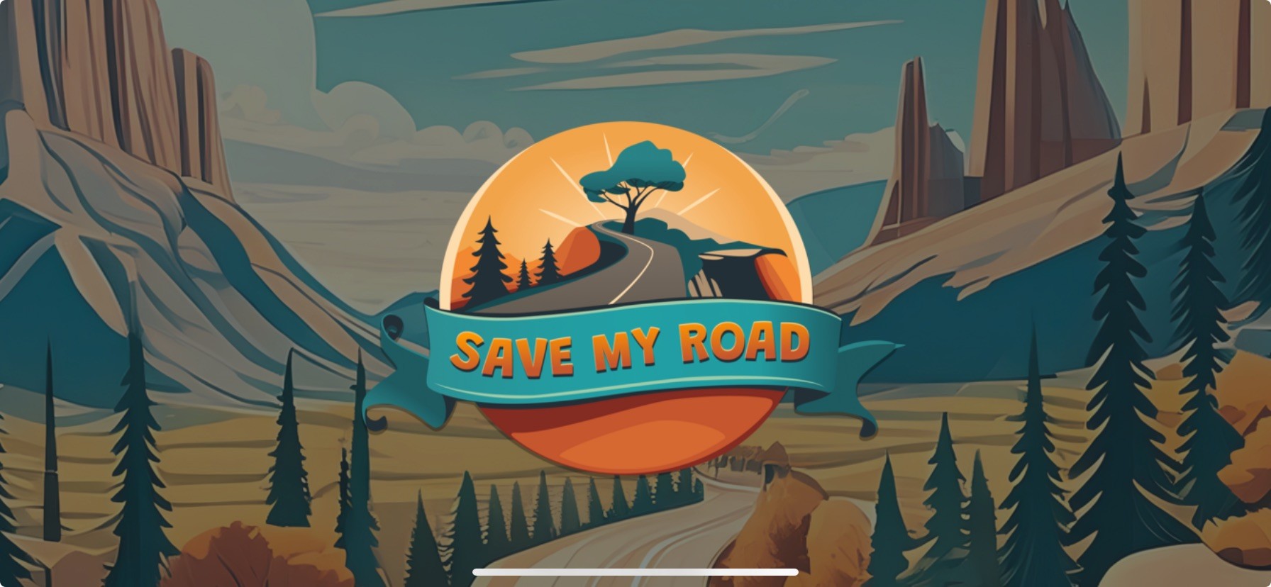 Jeu appli risque routier Save My Road. Paysage montagneux avec route et arbres.