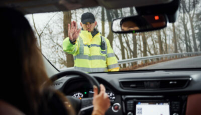 Contrôle routier effectué par un policier en gilet jaune fluorescent qui arrête une voiture pour sensibiliser aux risques d’accidents de la route.