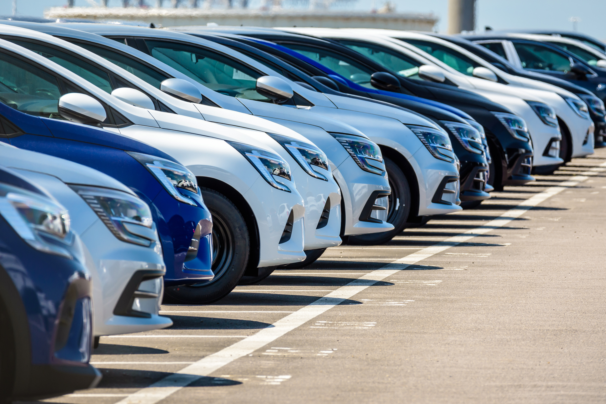 Autonomie véhicule électrique: Rangée de voitures neuves, bleues, blanches et noires.