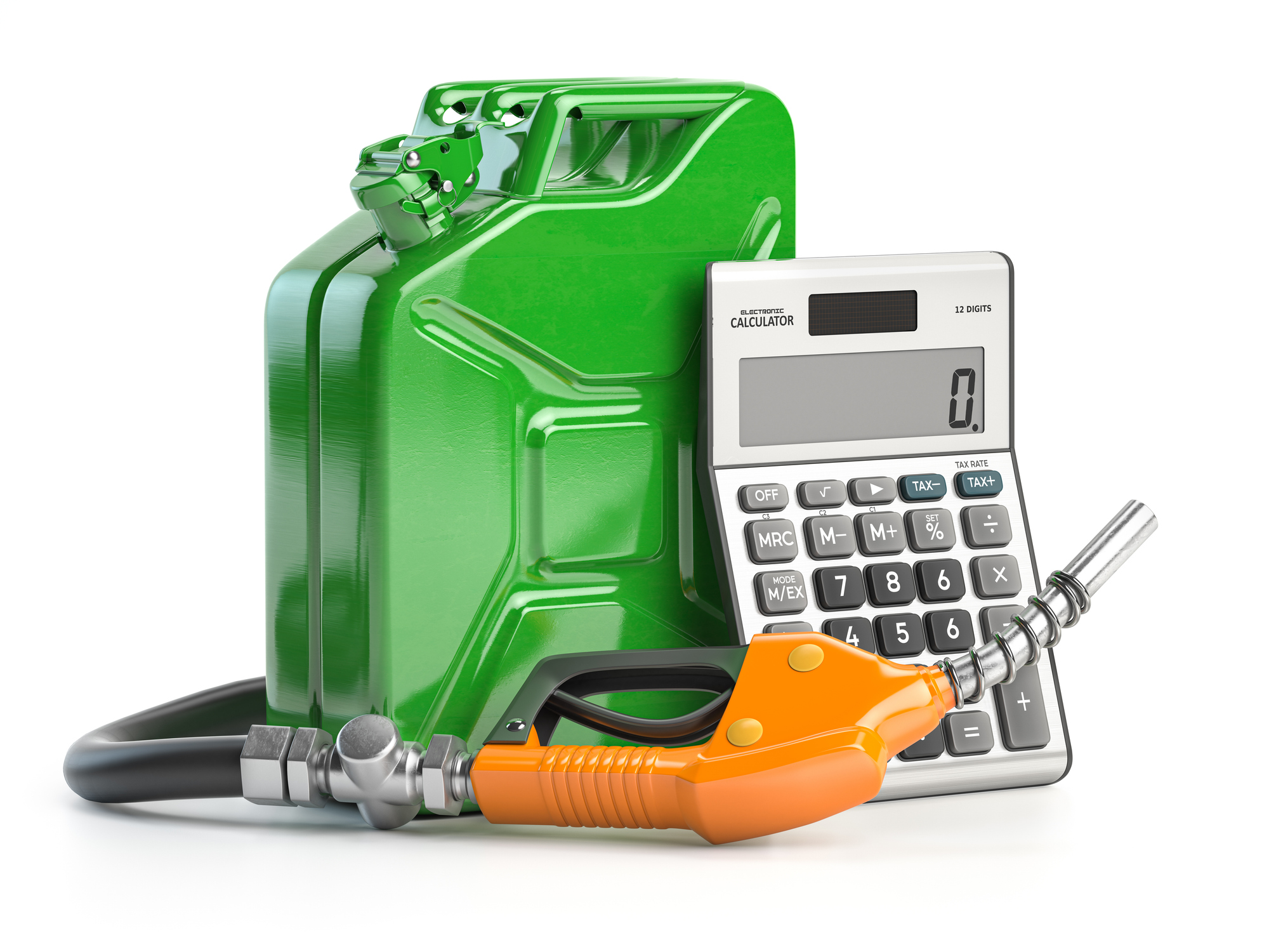 Calcul du coût d'un véhicule électrique : bidon essence, pompe et calculatrice.