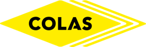 Logo COLAS jaune et noir, forme de losange avec flèches. PHV.