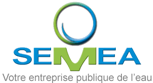 Logo SEMEA : votre entreprise publique de l'eau. Cercle bleu et vert, texte bleu et vert.