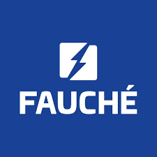 Logo Fauché : éclair blanc sur fond bleu, texte FAUCHÉ blanc.