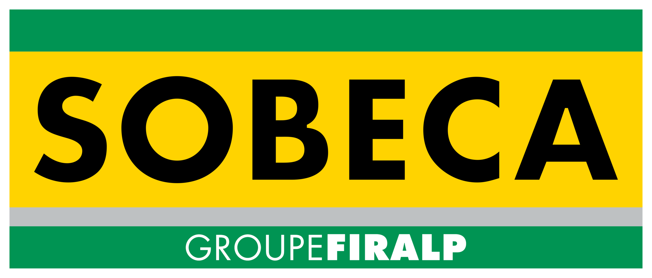 Logo SOBECA Groupe Firalp, noir sur fond jaune et vert.