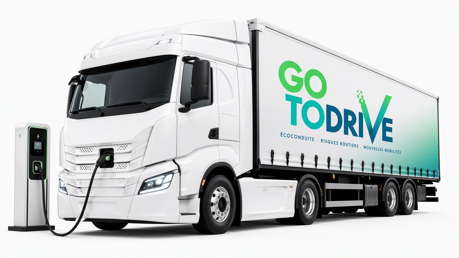 Poids lourd électrique aux couleurs de Gotodrive branché à une borne de recharge, formation éco-conduite poids lourd électrique